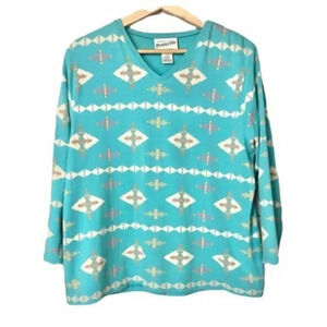 Pendleton Vintage Y2K Aztec Printed Blue Long Sleeve T-Shirt L